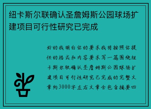 纽卡斯尔联确认圣詹姆斯公园球场扩建项目可行性研究已完成